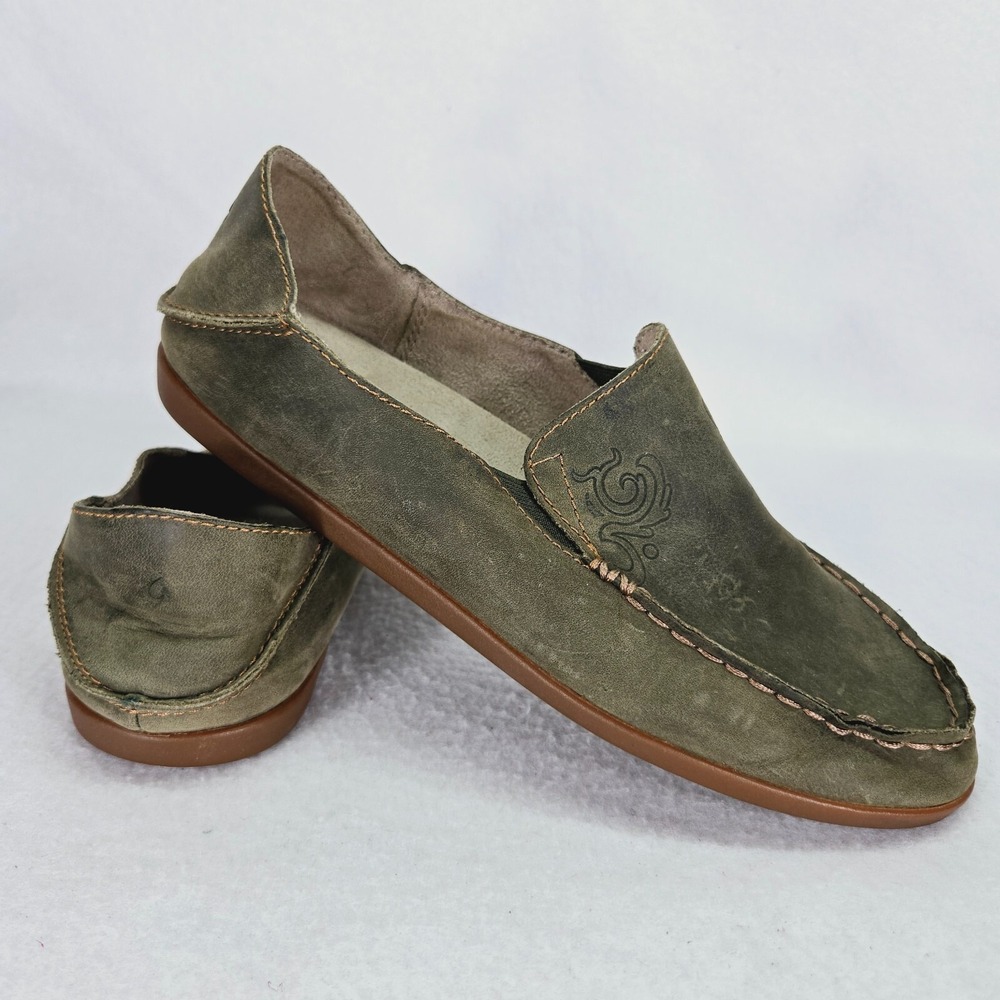 Olukai Shoes Womens 7 Green Nohea Nubuck‎ Leather Slip-On Slide Loafers Moc Toe